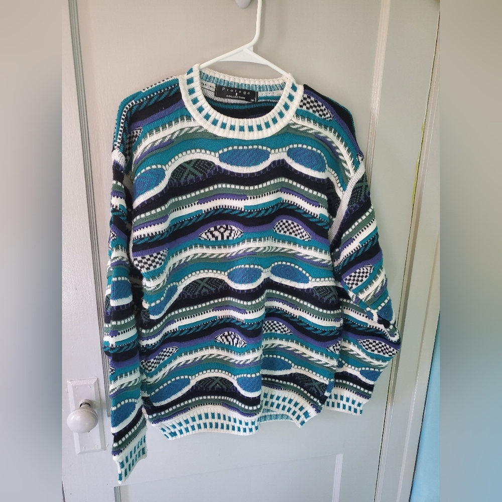 Coogi inspired Men's Teal Black White Purple Patterned Crewneck Sweater